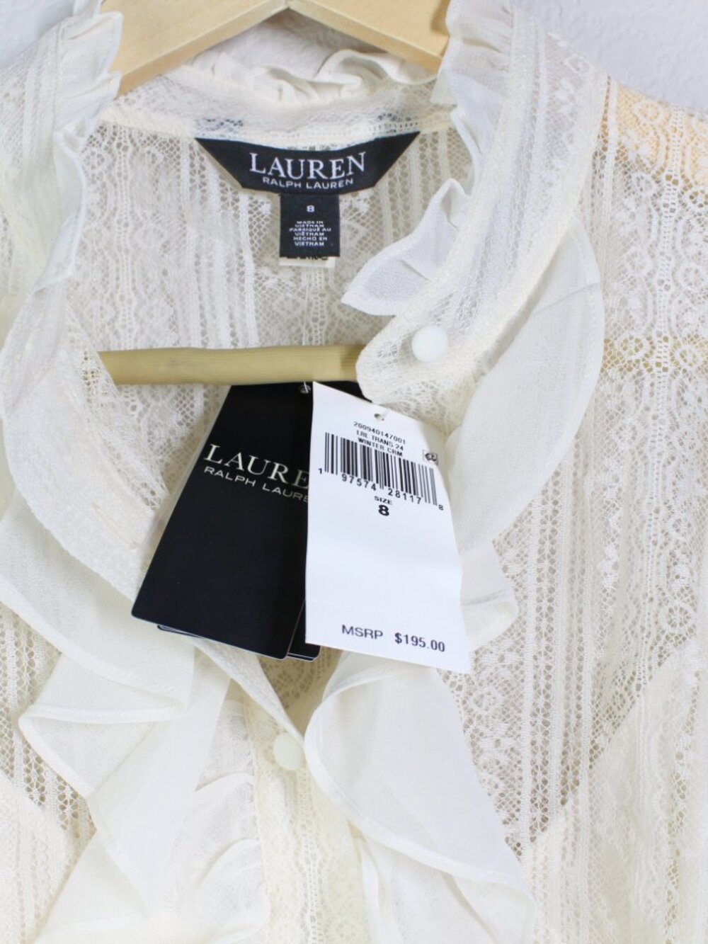 NWT Lauren Ralph Lauren Ruffle Trim Lace Shirt w Camisole, Winter Cream, US 8 - Picture 4 of 15